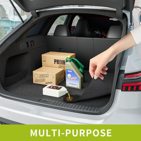 Car trunk organized with boxes and oil container on protective mat