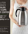 Person holding Thermal Coffee Carafe 68 Ounce 2 Liter Insulated Stainless Steel Beverage Dispenser Keeps Coffee Tea Cocoa Hot Up To 12 Hours Party Ready Large Tea Flask