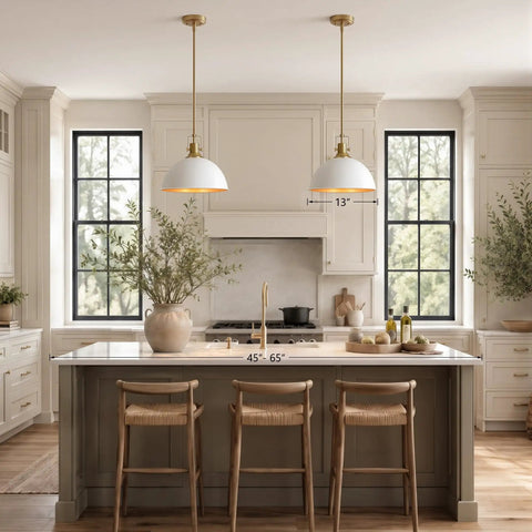 Caiselee 13 in Dome Pendant Light, 1-Light White and Gold Pendant Lighting hanging above a kitchen island with wood bar stools.