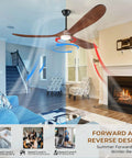 52 Inch Wood Walnut Outdoor Ceiling Fan With Lights And Remote Control in living room, showing air flow directions.