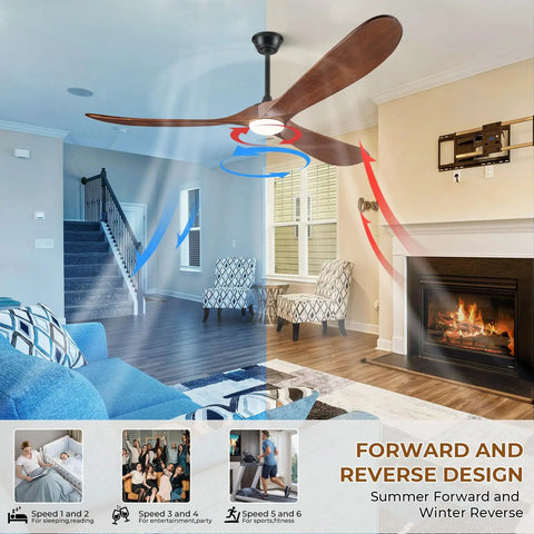 52 Inch Wood Walnut Outdoor Ceiling Fan With Lights And Remote Control in living room, showing air flow directions.