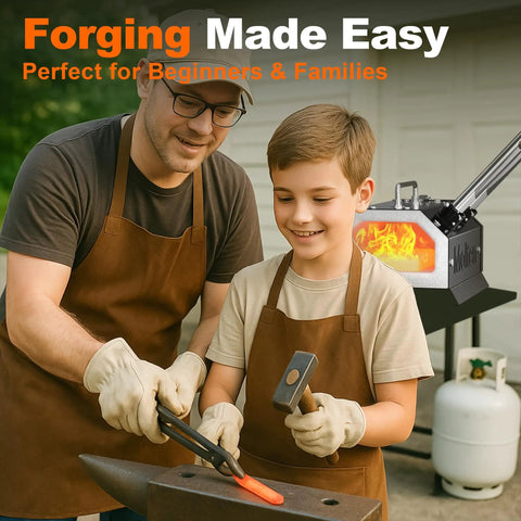 Dual Burner Propane Forge Kit 2600F For Blacksmithing And Knife Making, father and son forging with portable gas forge in background