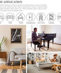 Image of furniture coasters in various settings including a piano and sofa, demonstrating No Slip Two And A Half Inch Furniture Coasters Caster Cups Four Pack Rubber Floor Pads Protect Hardwood Floors And Furniture Legs Soft Touch Leg Protectors For All Sizes Of Furniture Black.