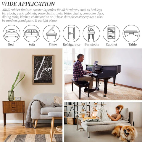 Image of furniture coasters in various settings including a piano and sofa, demonstrating No Slip Two And A Half Inch Furniture Coasters Caster Cups Four Pack Rubber Floor Pads Protect Hardwood Floors And Furniture Legs Soft Touch Leg Protectors For All Sizes Of Furniture Black.