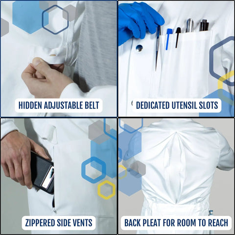 Mens Science Lab Coat White 100 Percent Cotton Long Fit With Snap Closures Cuffs Howie Collar For Chem Nerds Adjustable Belt