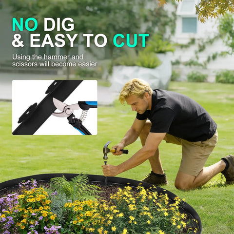Man installing Easy Cut 1.5 Inch By 100 Ft Garden Edging Kit with 90 Spikes Flexible Plastic Lawn Border around flowers.