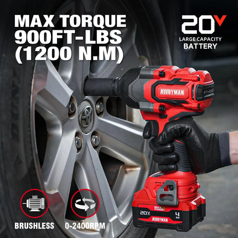 Badass 20 Volt Brushless Impact Gun Snaps Rusty Nuts Off With Nine Hundred Ft Lbs Of Beast Mode Torque And Twin Four Amp Hour Battery Packs For Daily Drivers And Trailers, working on a tire.