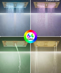 Premium Stainless Steel Ceiling Mount Top Tier Overhead Shower System Featuring Vibrant Led Mood Lights And Integrated Bluetooth Speaker For A Smooth Game Changing Chill Experience In Brushed Gold Finish with LED water effects.