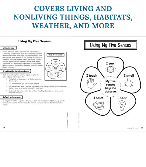 Interactive Notebooks For First Grade Kid Friendly Reproducible Workbook Covering Physical Space And Earth Science Plus Test Prep And Classroom Organization Resource For Hands On Learning diagram of five senses activity