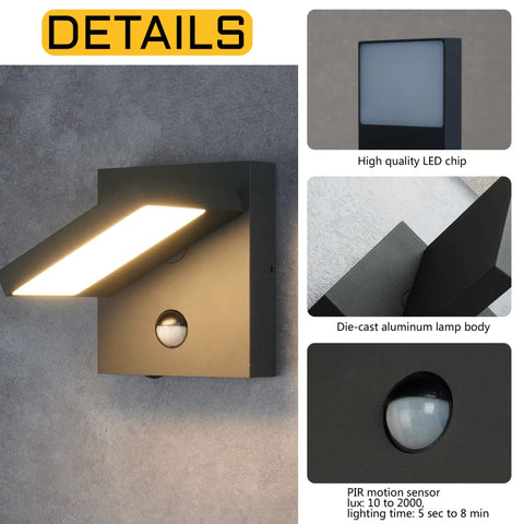Motion Sensor Outdoor Wall Light With Adjustable Swivel Lamp Head LED Exterior Porch Light For House Patio Garden 3000K Warm White Dark Grey Finish PIR Motion Activated Auto On After Dark Dusk To Dawn Style showing LED chip and sensor details