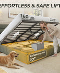 King Size Lift Up Storage Bed Frame With Linen Upholstered Wingback Headboard Heavy Duty Hydraulic Gas Lift Platform Base Room Savior Smart Underbed Stash Zero Squeak Grey showing a woman accessing storage under the lifted bed.