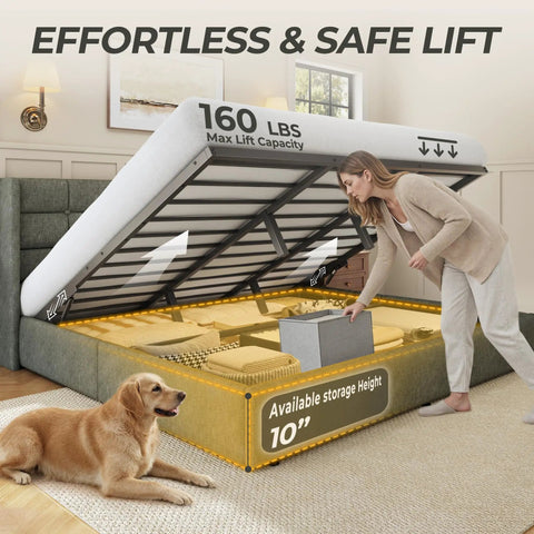 King Size Lift Up Storage Bed Frame With Linen Upholstered Wingback Headboard Heavy Duty Hydraulic Gas Lift Platform Base Room Savior Smart Underbed Stash Zero Squeak Grey showing a woman accessing storage under the lifted bed.