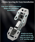 Close-up of No Cup Hole Needed 4 Pack Soft Close Concealed Cabinet Hinges showing 4-hole design and stainless steel rivets.