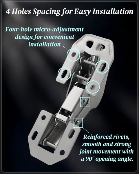 Close-up of No Cup Hole Needed 4 Pack Soft Close Concealed Cabinet Hinges showing 4-hole design and stainless steel rivets.