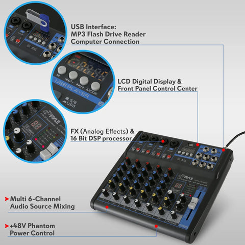 Six Channel Bluetooth DJ Audio Mixer With USB Input And Built In MP3 Player 48V Phantom Power 3 Band EQ 16 Bit DSP FX USB Sound Board