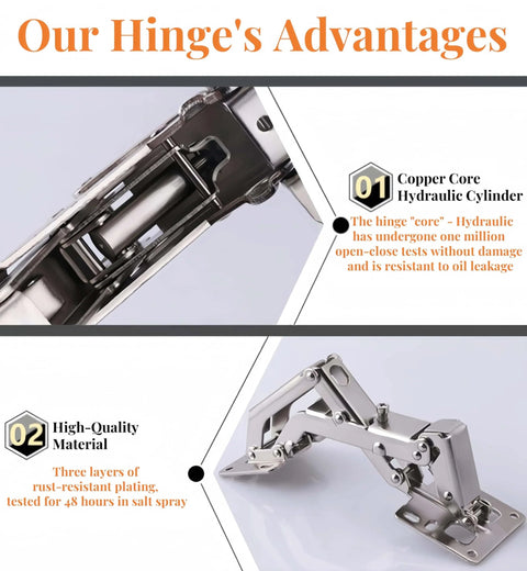Close-up of 175 Degree Heavy Duty Cabinet Hinges Set For Wide Opening, showing copper core hydraulic cylinder and high-quality material.