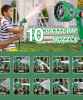 Father and son using Retractable 50 Ft Garden Hose Reel With Half Inch Hose And 10 Pattern Nozzle, spray settings shown.
