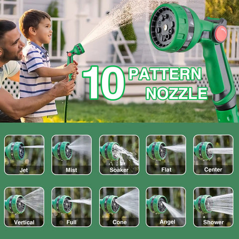 Father and son using Retractable 50 Ft Garden Hose Reel With Half Inch Hose And 10 Pattern Nozzle, spray settings shown.