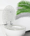 Resin Round Toilet Seat With Soft Close And Quick Release Heavy Duty Acrylic Glitter Cover Silver Foil Finish 17 Inch