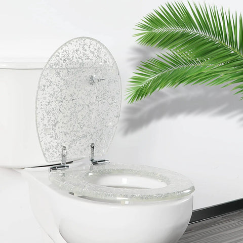 Resin Round Toilet Seat With Soft Close And Quick Release Heavy Duty Acrylic Glitter Cover Silver Foil Finish 17 Inch