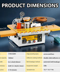 Portable Edge Banding Machine With 1200 Watt Power And Slick Automatic Tape Cutting For Serious Woodworkers Seeking Game Changing Curve And Straight Finishing Up To 60mm Width showing product dimensions and features.