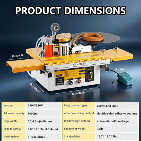 Portable Edge Banding Machine With 1200 Watt Power And Slick Automatic Tape Cutting For Serious Woodworkers Seeking Game Changing Curve And Straight Finishing Up To 60mm Width showing product dimensions and features.