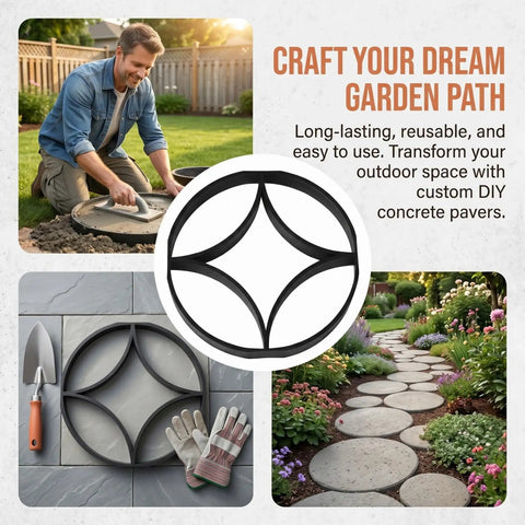 DIY Garden Paving Mold Round Pattern Concrete Paver Tool for outdoor pathways and patios, shown in use creating pavers.