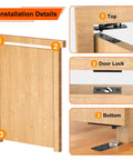 Front view of wooden door with hidden hinge kit; solid alloy steel, 570 lb load capacity, shows top hinge and bottom plate.