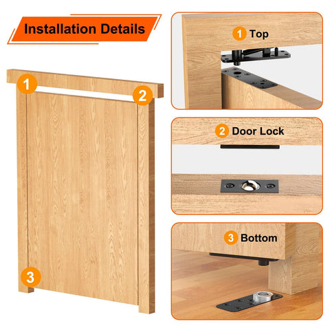 Front view of wooden door with hidden hinge kit; solid alloy steel, 570 lb load capacity, shows top hinge and bottom plate.