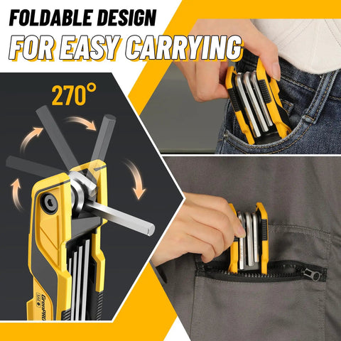 Folding Wrench Set 17-Piece With 9 SAE And 8 Metric Hex Keys showing foldable design and pocket storage