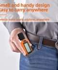 Decibel Meter Sound Level Meter With A Weighted Reading For Accurate Noise Data 30 To 130 Decibels Range Backlit LCD Screen Data Hold Max Min Fast Slow Modes For Home Outdoors And Cutting Through The Noise From Noisy Neighbors. small handheld orange decibel meter in a jeans pocket
