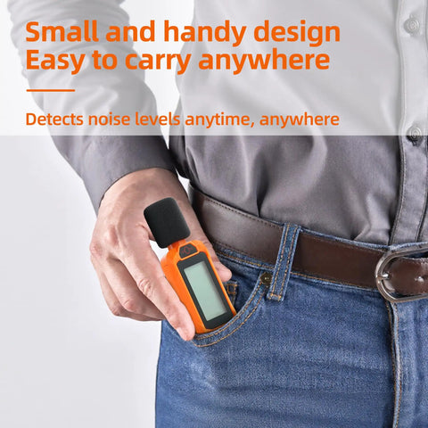 Decibel Meter Sound Level Meter With A Weighted Reading For Accurate Noise Data 30 To 130 Decibels Range Backlit LCD Screen Data Hold Max Min Fast Slow Modes For Home Outdoors And Cutting Through The Noise From Noisy Neighbors. small handheld orange decibel meter in a jeans pocket