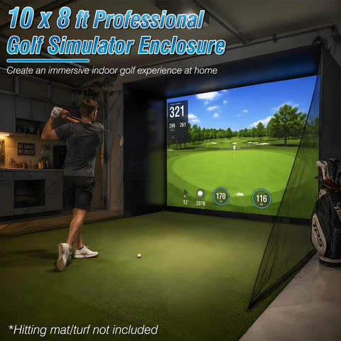 Golfer using Golf Simulator Enclosure 10 x 8 Ft With Dual Layer Impact Screen Anti Rebound Hitting Cage For Indoor Garage Practice