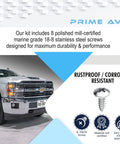 Stainless Steel License Plate Screws Kit For Front And Rear No Rust Easy Install Rattle Proof Fasteners That Keep Plates Secure Compatible With Buick Cadillac Chevrolet GMC displayed with truck and screw details.