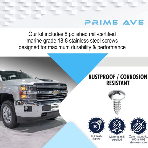 Stainless Steel License Plate Screws Kit For Front And Rear No Rust Easy Install Rattle Proof Fasteners That Keep Plates Secure Compatible With Buick Cadillac Chevrolet GMC displayed with truck and screw details.
