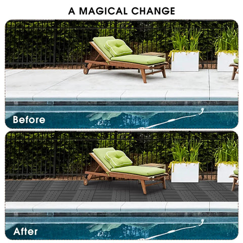 Before and after poolside with Interlocking Deck Tiles Kit Six Pack 12 Inch By 12 Inch Waterproof Plastic Outdoor Floor Tiles.