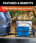 Heavy Duty Cargo Basket Hitch Carrier For SUV And Truck, 500 lb capacity with coolers secured on SUV rear, six inch sides