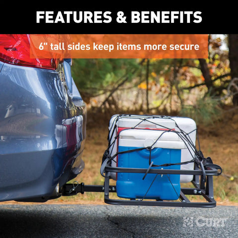 Heavy Duty Cargo Basket Hitch Carrier For SUV And Truck, 500 lb capacity with coolers secured on SUV rear, six inch sides