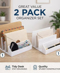 Two Pack 3 Slot Mail Organizer for Desk with envelopes and accessories on wooden table