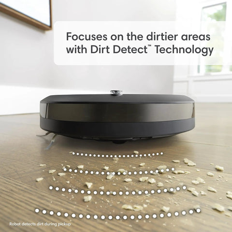 Roomba Combo I5 Plus Self Emptying Robot Vacuum And Mop with Smart Mapping on wood floor detecting dirt with sensors.