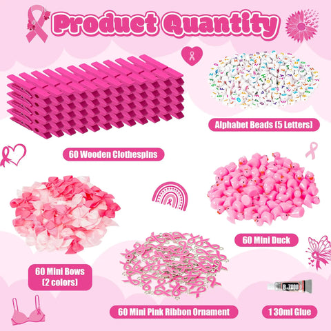 Breast Cancer Awareness Duck Cheer Pins Kit for Volleyball Squad and Team Spirit Crafting Includes 60 Rose Red Wooden Clothespins 60 Rose Red Mini Ducks 60 Pink Ribbon Charms 60 Ribbon Bows Five Bags of Letter Beads Fight and a Glue Tube, 541-piece kit