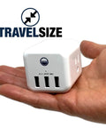 Hand holding Cruise Approved Non Surge Power Strip With Six Outlets And Three USB Ports And Three AC Sockets, Ultra Compact.