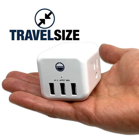 Hand holding Cruise Approved Non Surge Power Strip With Six Outlets And Three USB Ports And Three AC Sockets, Ultra Compact.