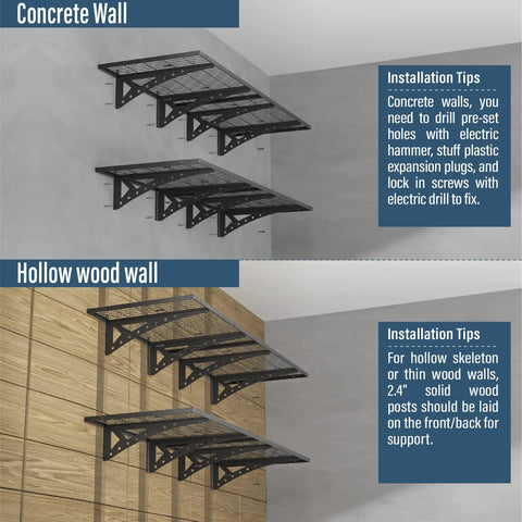 Installation of Two Pack 2x3 Foot Wall Mounted Garage Storage Rack Set Heavy Duty Steel Wire Mesh Shelves on concrete and wood walls