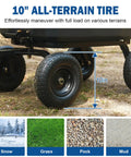 Heavy Duty Poly Garden Dump Cart With 900 Pound Capacity, 5 Cu Ft Bed showing 10 Inch All Terrain Pneumatic Wheels on grass