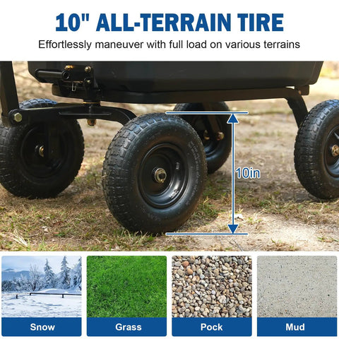 Heavy Duty Poly Garden Dump Cart With 900 Pound Capacity, 5 Cu Ft Bed showing 10 Inch All Terrain Pneumatic Wheels on grass