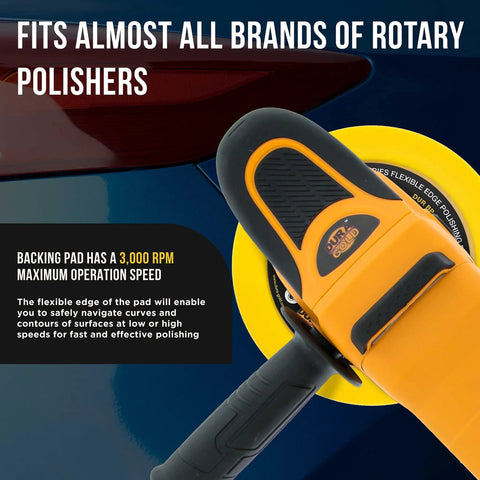 Pro Series 7 Inch Flexible Edge Polishing Backing Pad with Hook and Loop in use with rotary polisher on car surface