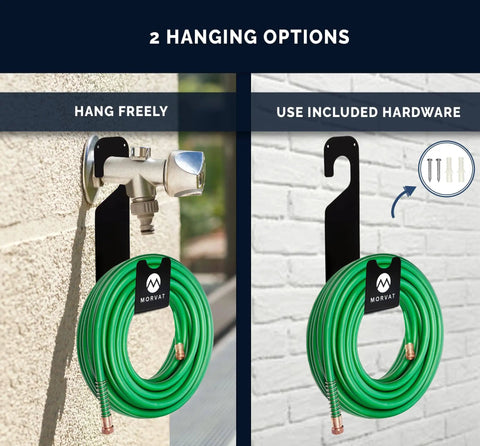 Heavy Duty 150 Foot Hose Hanger With Rust Resistant Metal Wall Mount Organizer for Garden Garage and Outdoor Storage Hang Over Spigot with Included Screws featuring two installation options.