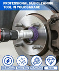 Drill Powered Wheel Hub Cleaning Tool With 3 Cleaning Pads For Rust Removal On Lug Studs And Brake Rotors in action