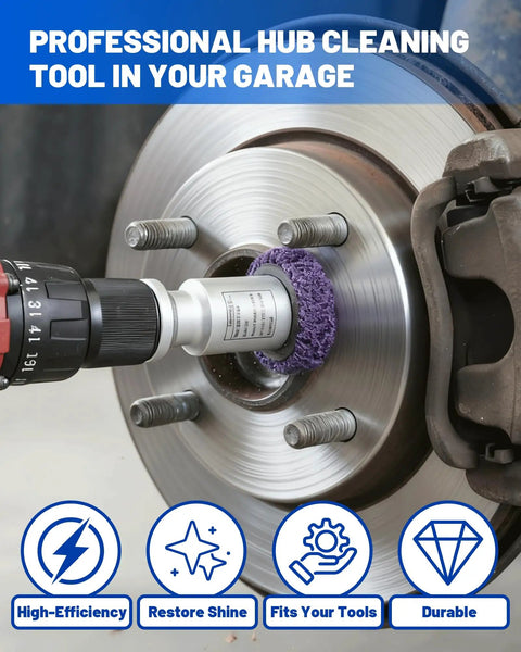 Drill Powered Wheel Hub Cleaning Tool With 3 Cleaning Pads For Rust Removal On Lug Studs And Brake Rotors in action